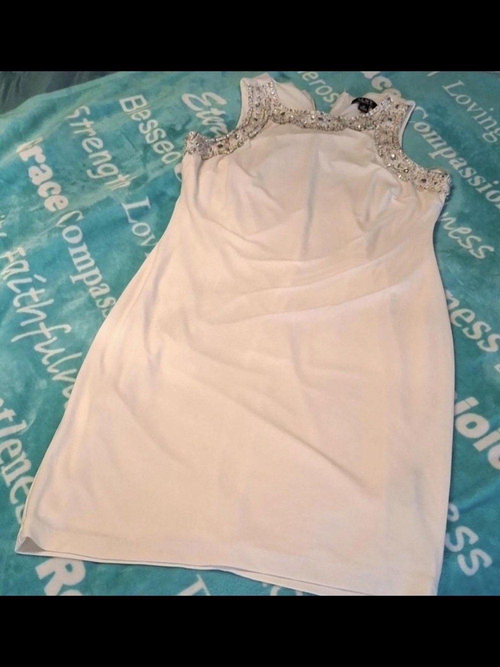 SLNY White Embellished Neckline Sheath Dress
